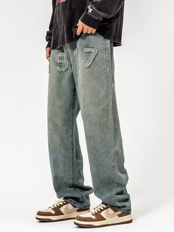 Men's Washed Distressed Appliqué Jeans-2