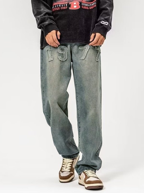 Men's Washed Distressed Appliqué Jeans-3