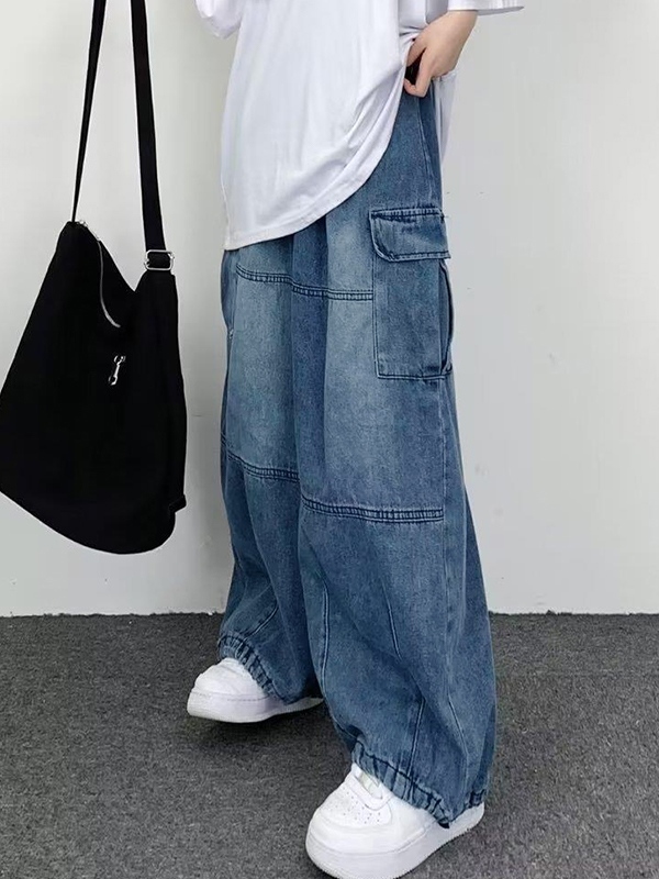 Men's Washed Pocket Patchwork Cargo Jeans-1