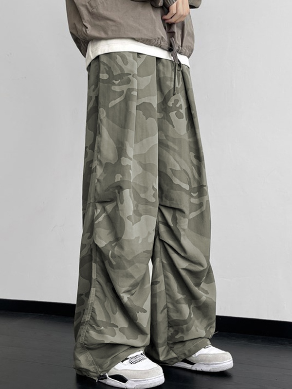 Men's Camo Shirred Bound Feet Parachute Wide Leg Pants-2
