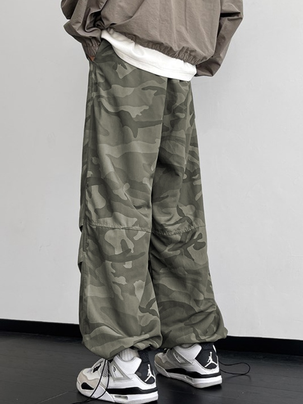 Men's Camo Shirred Bound Feet Parachute Wide Leg Pants-1