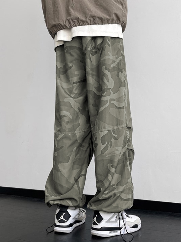 Men's Camo Shirred Bound Feet Parachute Wide Leg Pants-4
