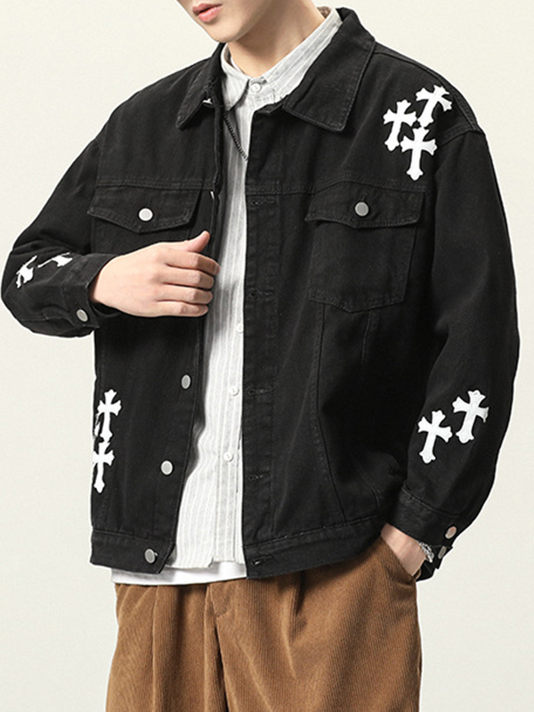 Men's Vintage Cross Print Denim Jacket-4
