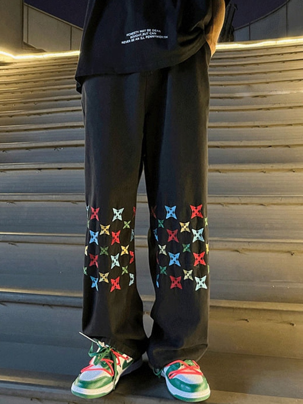Men's Washed Colorful Embroidery Print Straight Leg Jeans-3