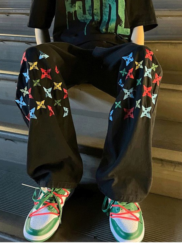 Men's Washed Colorful Embroidery Print Straight Leg Jeans-1