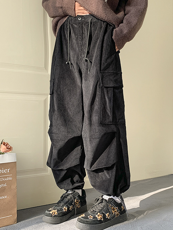 Men's Corduroy Big Pocket Bound Feet Drawstring Cargo Pants-2