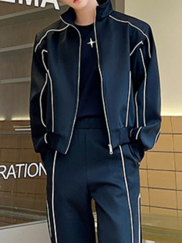 Men's Contrast Color Line Splice Long Sleeve Tracksuit Set-1