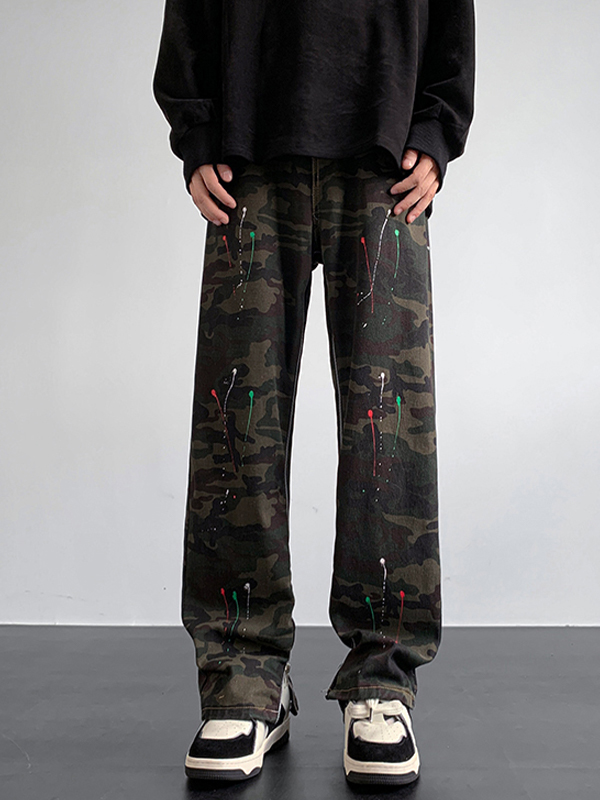 Men's Camo Splash Ink Print Side Zip Up Loose Jeans-1