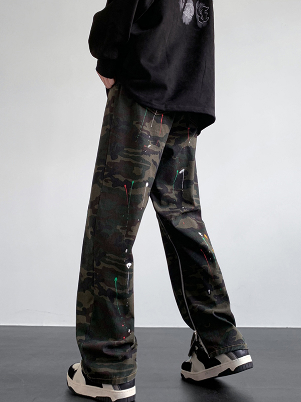 Men's Camo Splash Ink Print Side Zip Up Loose Jeans-2