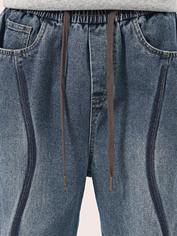 Men's Vintage Top-stitching Drawstring Loose Jeans-5
