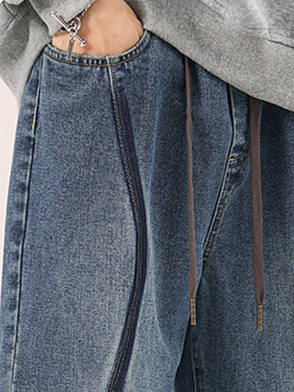 Men's Vintage Top-stitching Drawstring Loose Jeans-4