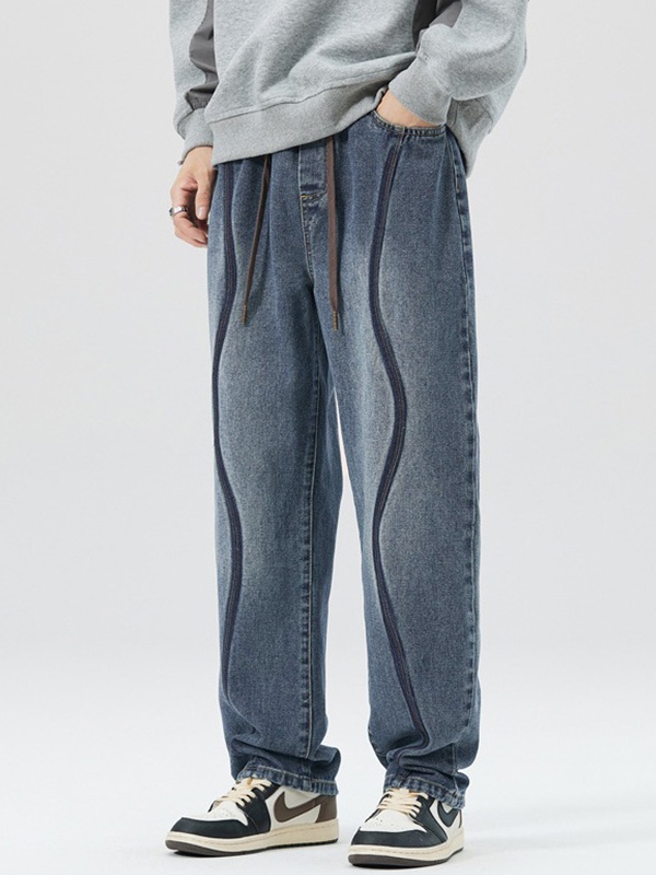 Men's Vintage Top-stitching Drawstring Loose Jeans-3