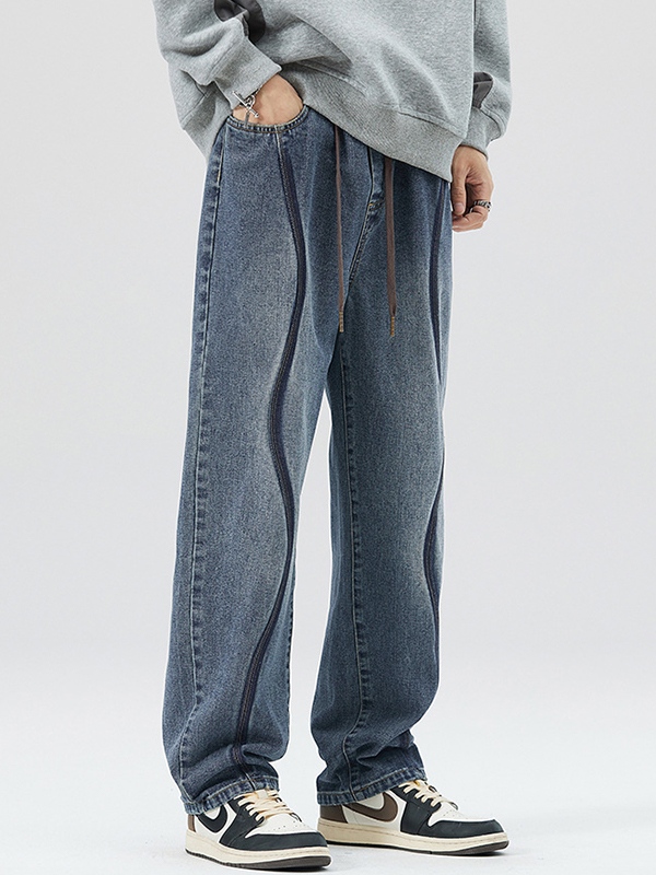 Men's Vintage Top-stitching Drawstring Loose Jeans-1