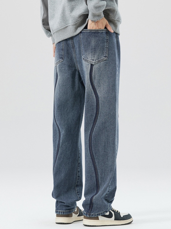 Men's Vintage Top-stitching Drawstring Loose Jeans-2