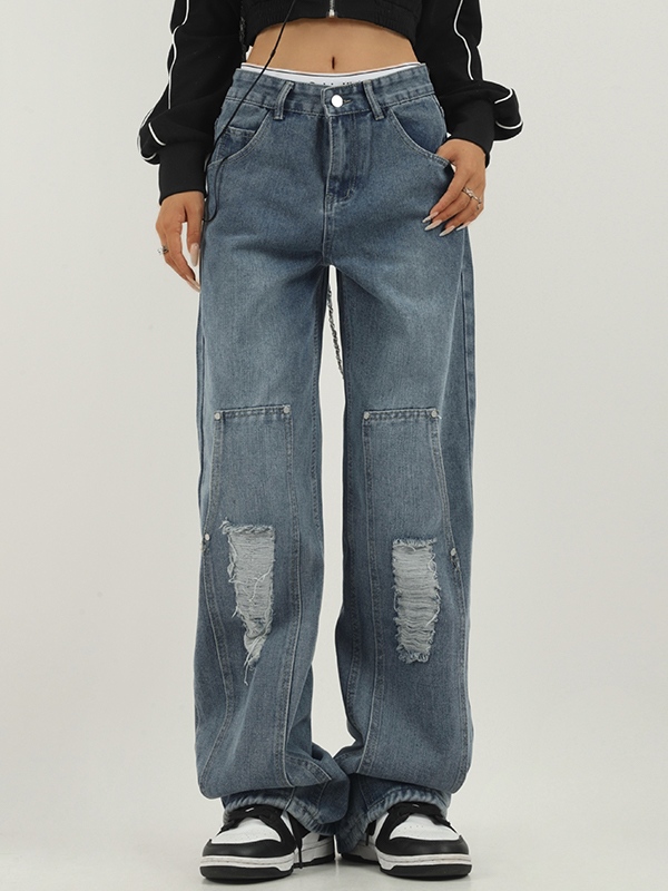 Washed Tattered Dangle Boyfriend Jeans-2