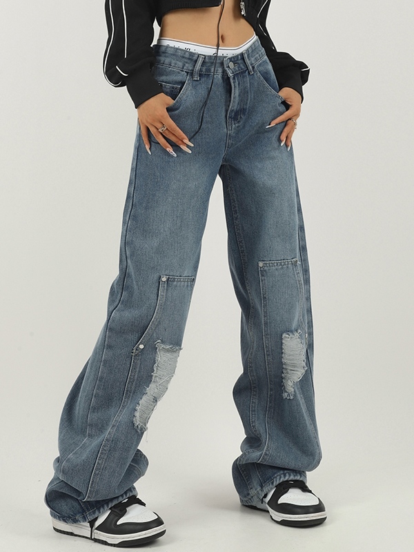 Washed Tattered Dangle Boyfriend Jeans-1