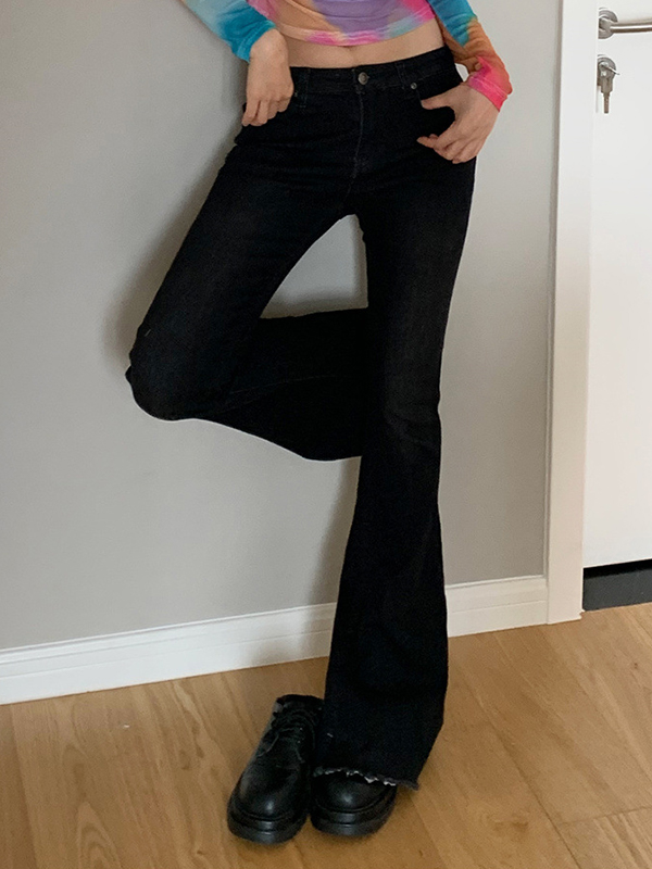 Vintage Low Rise Raw Edge Elastic Flare Jeans-1