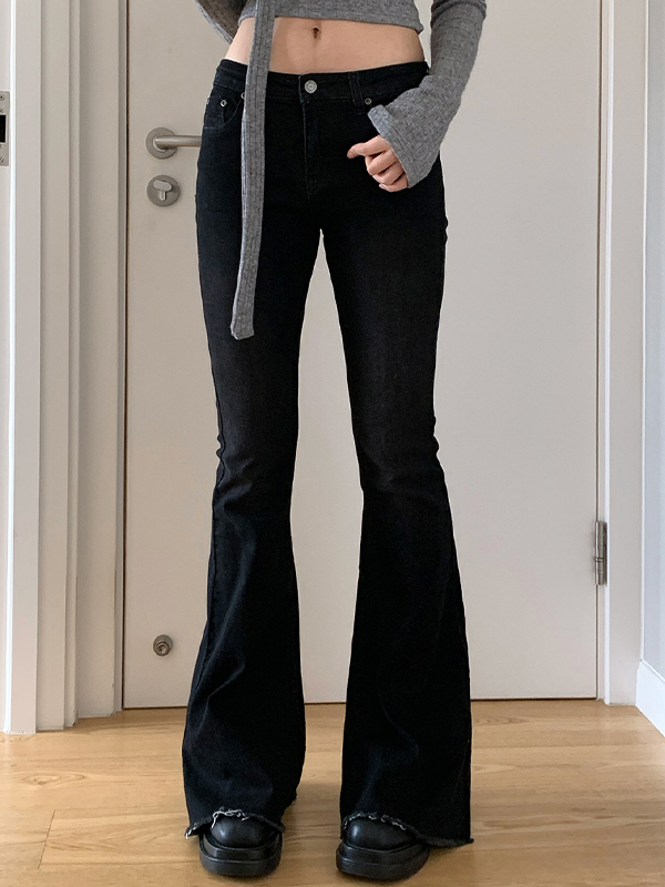 Vintage Low Rise Raw Edge Elastic Flare Jeans-2