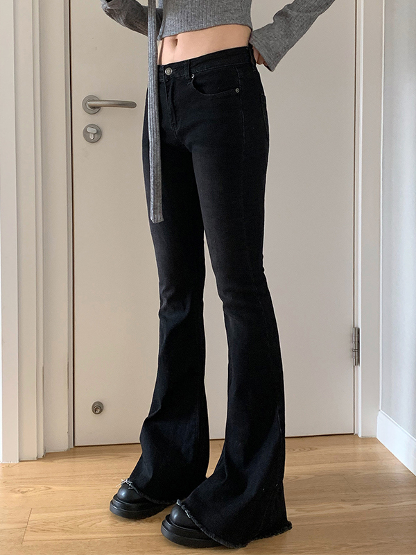 Vintage Low Rise Raw Edge Elastic Flare Jeans-3