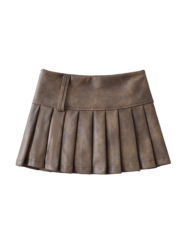 Distressed Leather Pleated High Rise Mini Skirt-2