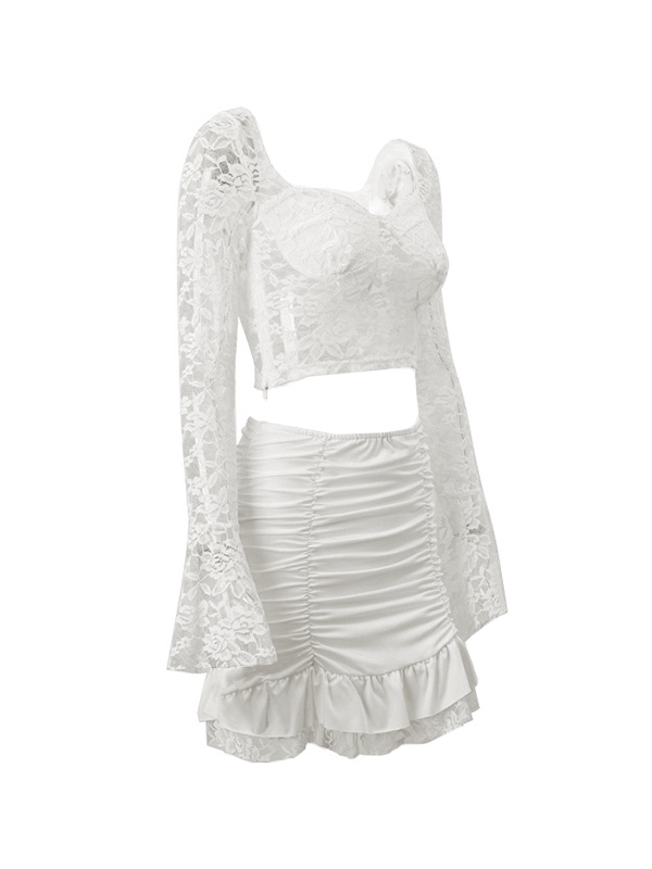 Lace Low Cut Square Neck Tee&Ruched Mini Skirt Set-4
