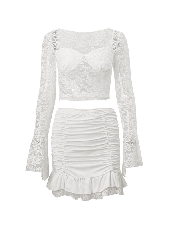 Lace Low Cut Square Neck Tee&Ruched Mini Skirt Set-3