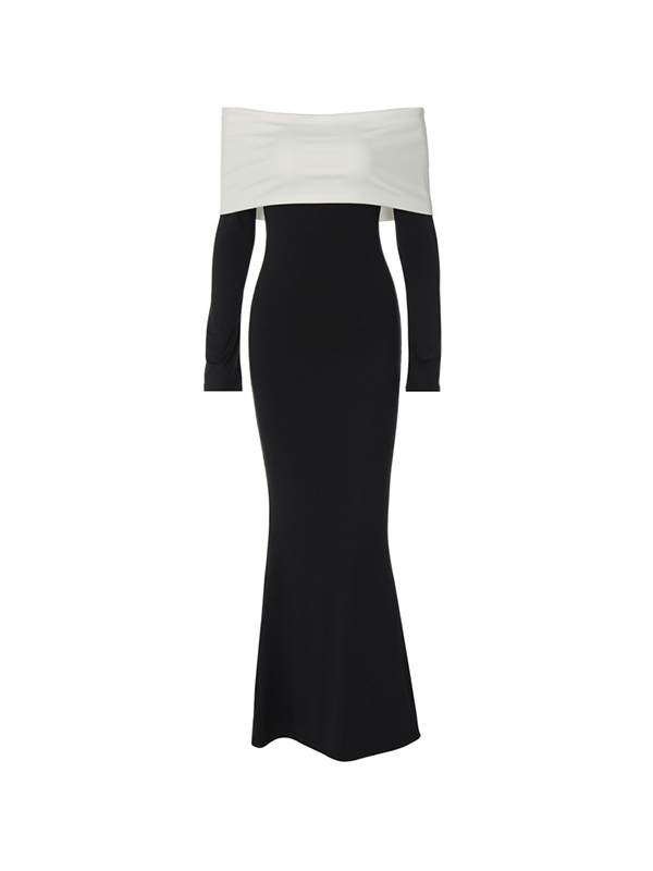 Contrast Color Trim Off Shoulder Long Sleeve Maxi Dress-4