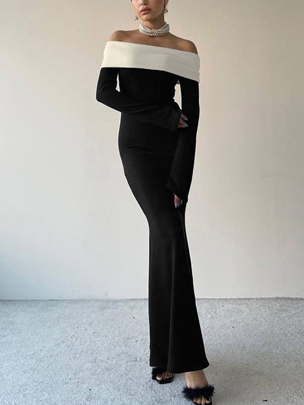 Contrast Color Trim Off Shoulder Long Sleeve Maxi Dress-2