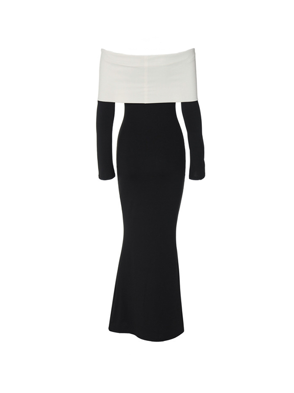 Contrast Color Trim Off Shoulder Long Sleeve Maxi Dress-5