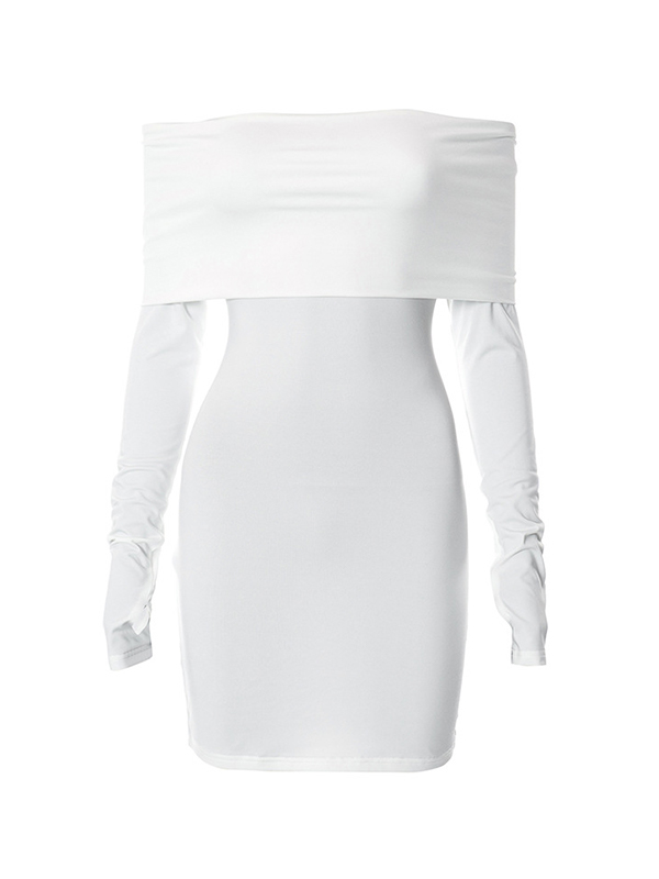 Solid Off Shoulder Ruched Thumb Hole Mini Dress-6