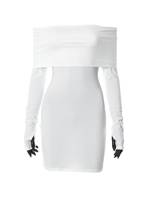 Solid Off Shoulder Ruched Thumb Hole Mini Dress-5