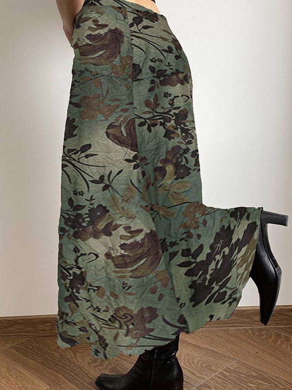 Vintage Flower Print Irregular Splice Midi Skirt-2