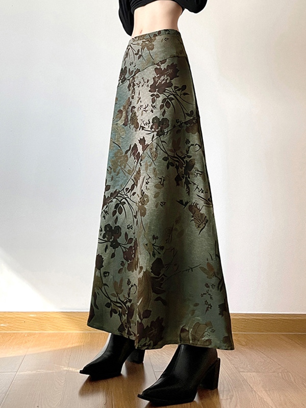 Vintage Flower Print Irregular Splice Midi Skirt-4