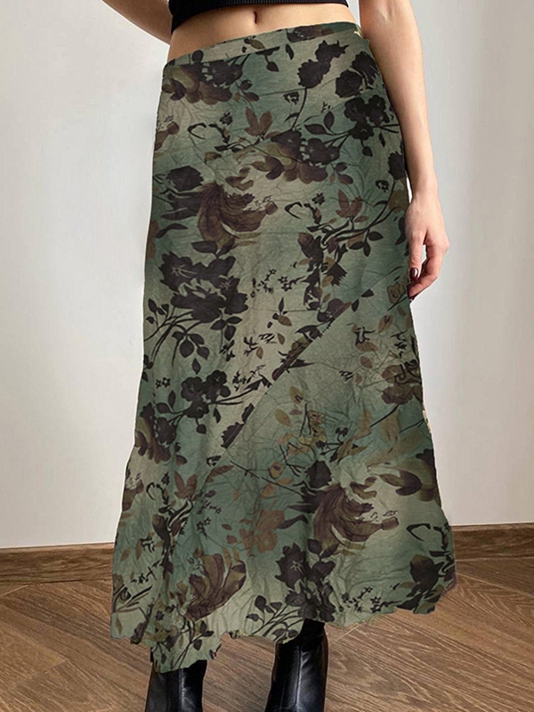 Vintage Flower Print Irregular Splice Midi Skirt-1