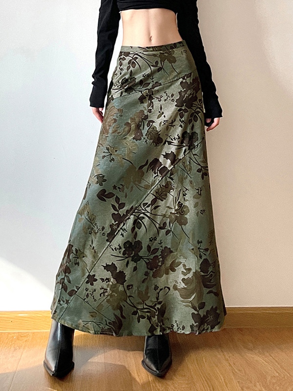 Vintage Flower Print Irregular Splice Midi Skirt-3