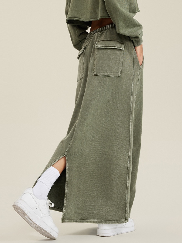 Washed Back Slit Baggy Maxi Skirt-2