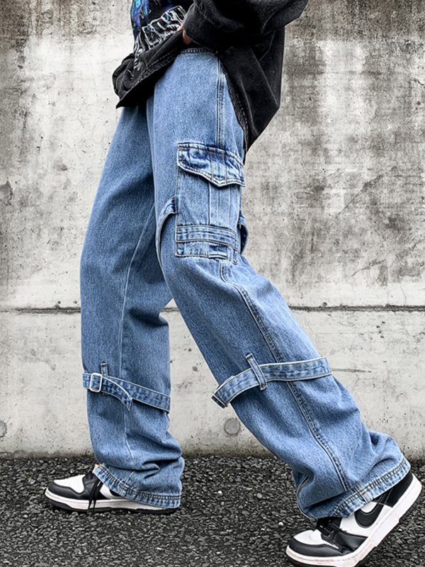 Men's Strap Detail Vintage Cargo Jeans-4