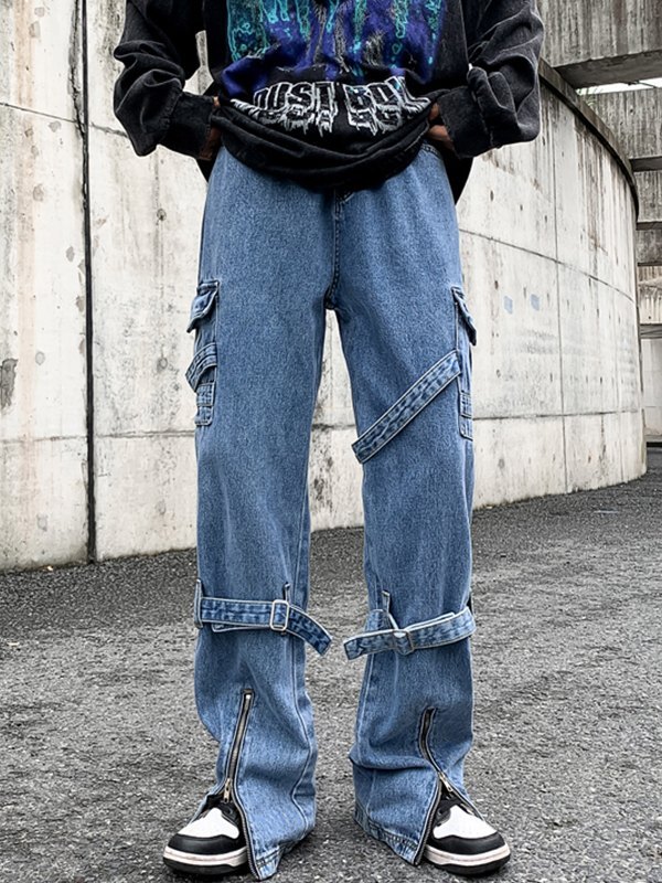 Men's Strap Detail Vintage Cargo Jeans-1