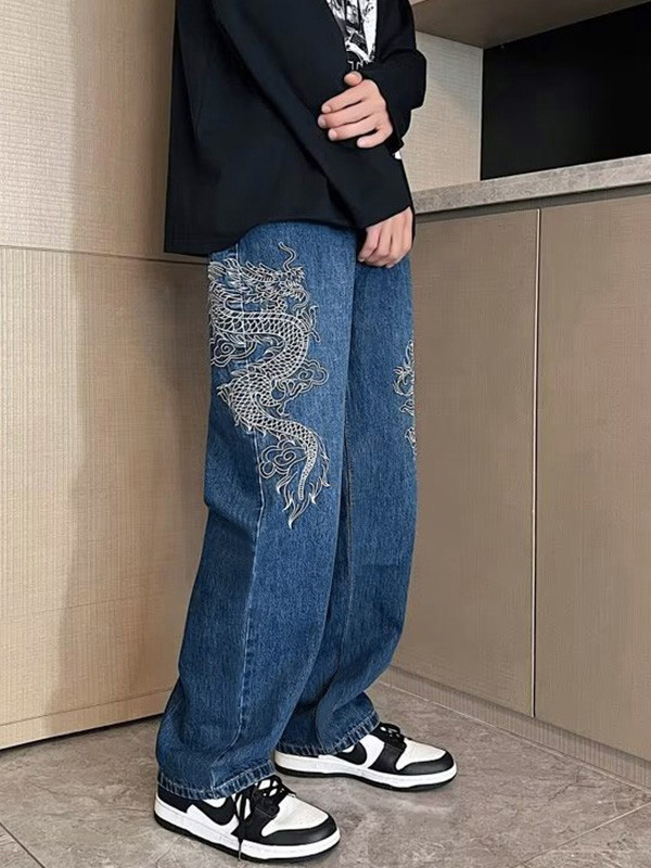 Men's Dragon Embroidered Straight Leg Jeans-3