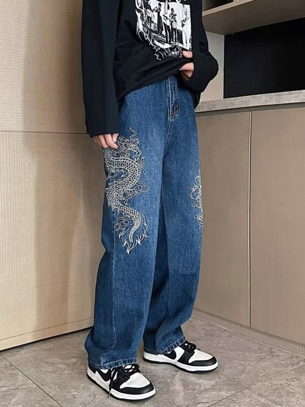 Men's Dragon Embroidered Straight Leg Jeans-1
