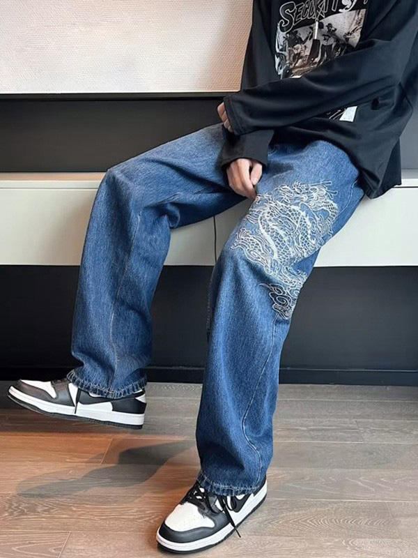 Men's Dragon Embroidered Straight Leg Jeans-2