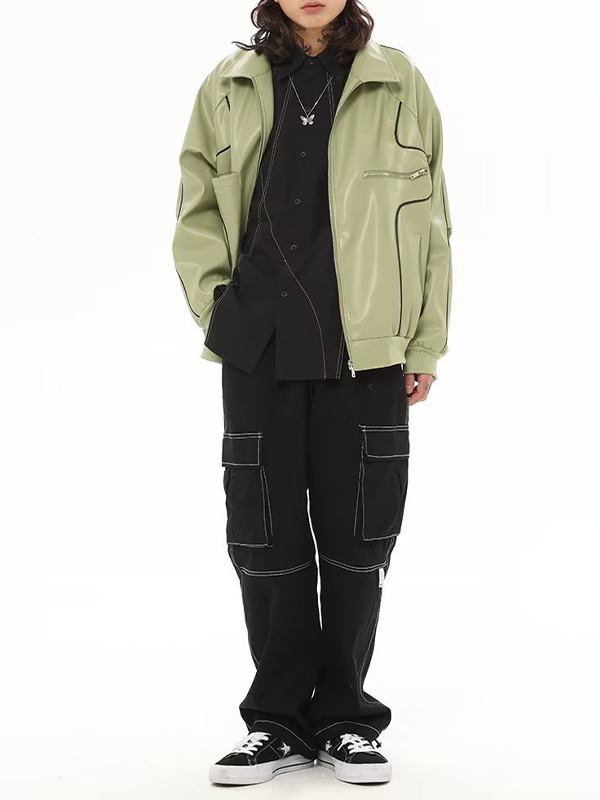 Piping Detail Zip Up Faux Leather Jacket-3