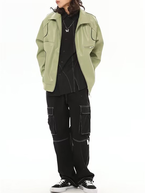 Piping Detail Zip Up Faux Leather Jacket-2