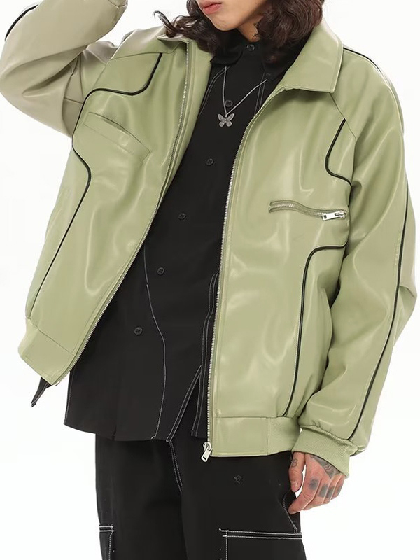 Piping Detail Zip Up Faux Leather Jacket-1