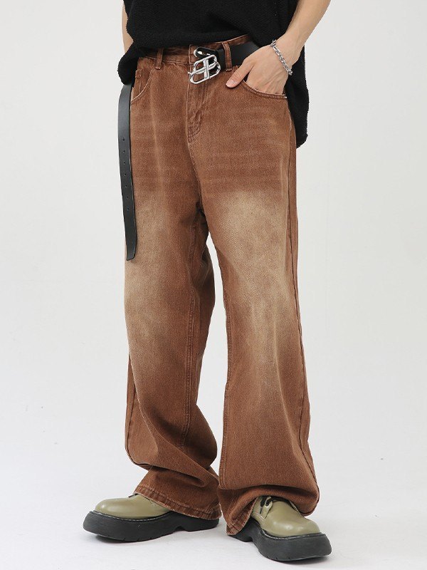 Men's Faded Denim Brown Loose Jeans-1