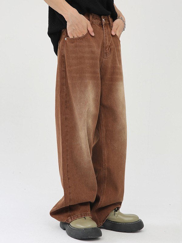 Men's Faded Denim Brown Loose Jeans-2