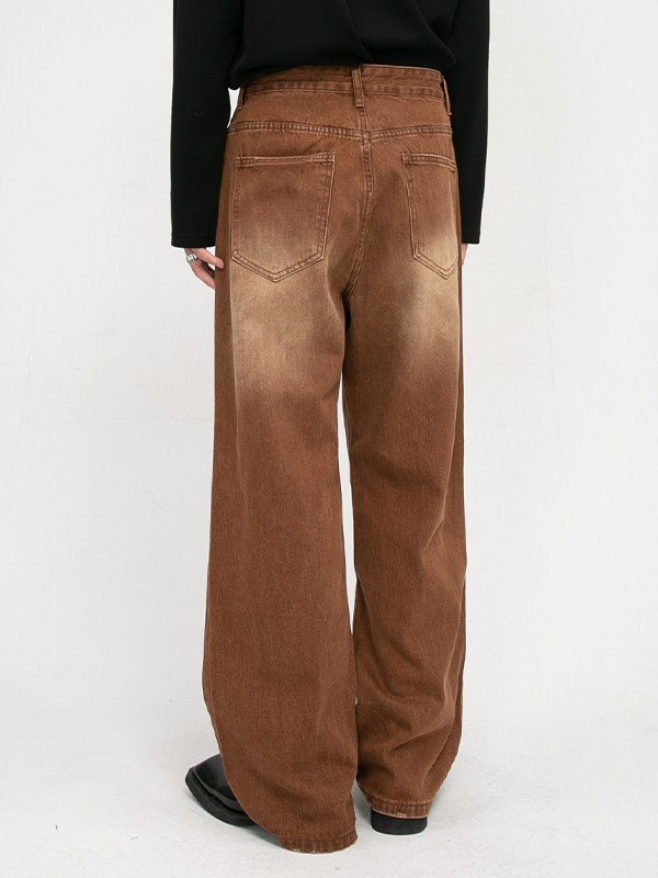 Men's Faded Denim Brown Loose Jeans-3