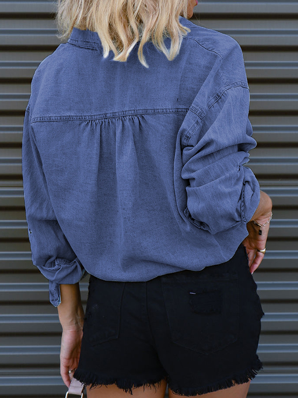 Vintage Dual Pocket Drawstring Denim Blouses&Shirts-1