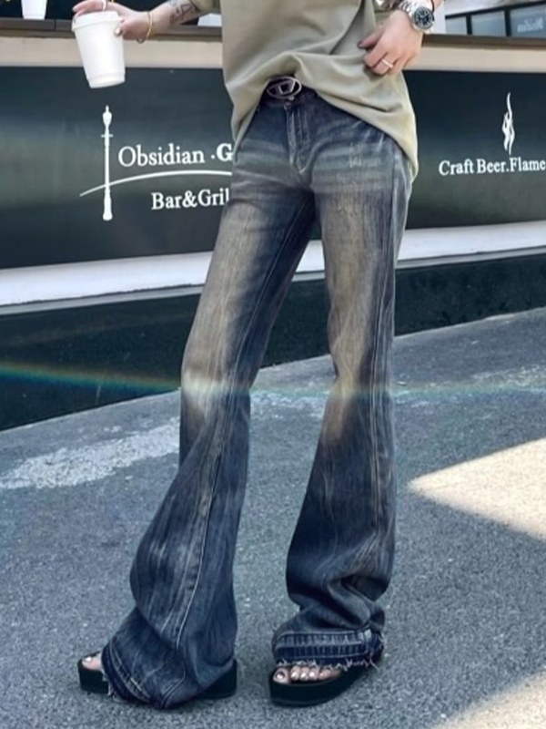 Vintage Embroidery Low Rise Raw Trim Flare Jeans-1