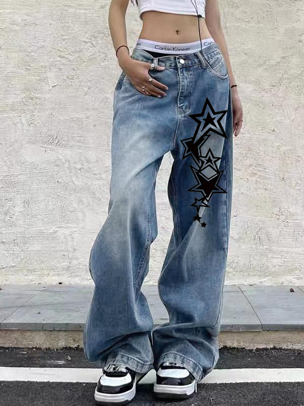 Star Print Vintage Blue Wide Leg Boyfriend Jeans-1